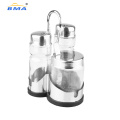 Wholesale Glass Stainless Steel Rack Picnic Table Condiment Set Spice Jars Vinegar Cruet 4PCS Spice Jar Set with Stand